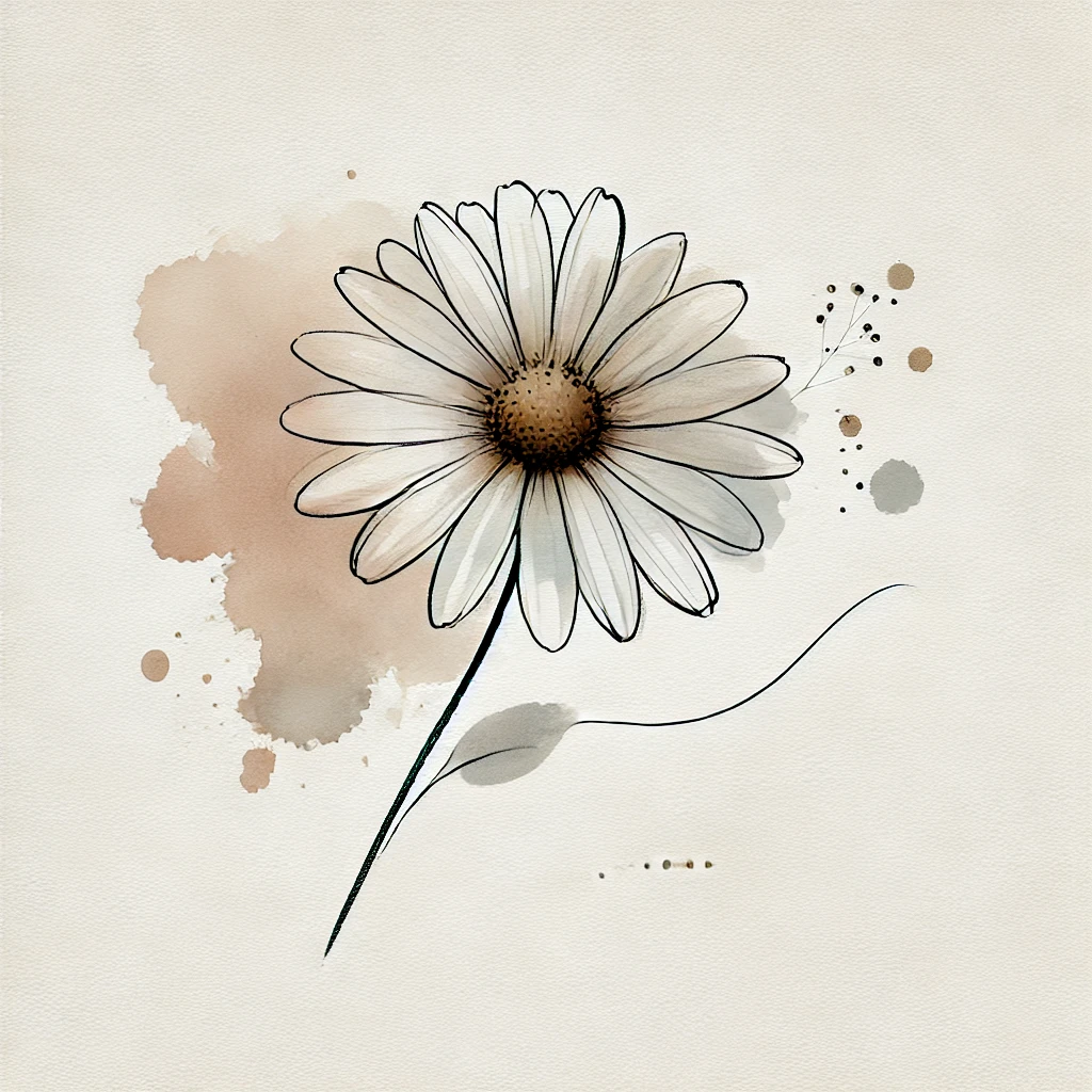 Illustration of a daisy flower with neutral tones, delicate outline accents, and abstract watercolor blotches for a refined artistic design.