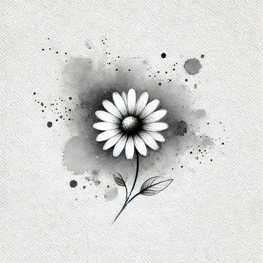 Minimalist grayscale illustration of a daisy flower with diffused watercolor textures and fine details, an elegant choice for April Birth Flower Tattoo ideas.