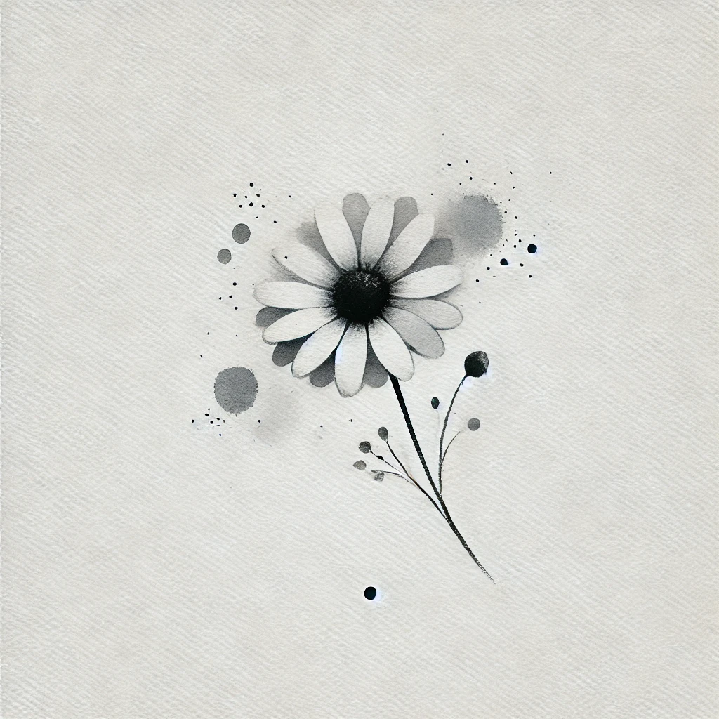 Simplified daisy flower illustration in black and white, featuring delicate linework and abstract watercolor accents, perfect for modern floral designs