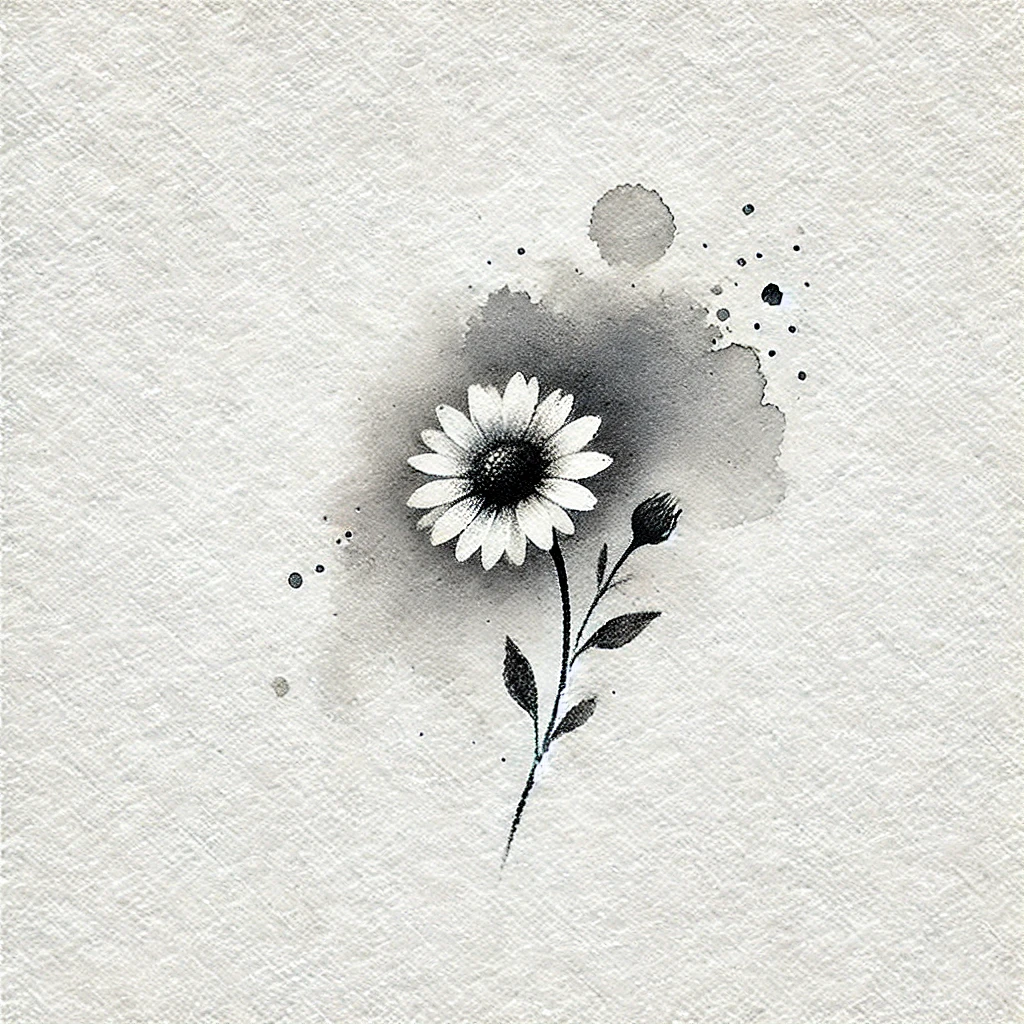 Abstract daisy flower illustration in grayscale with soft watercolor blotches and clean lines, an inspiring option for April Birth Flower Tattoo ideas.