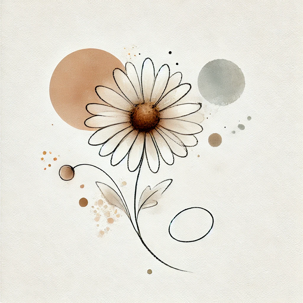 Neutral-toned daisy flower with delicate outlines and abstract watercolor splashes, highlighting simplicity and modernity in floral art.