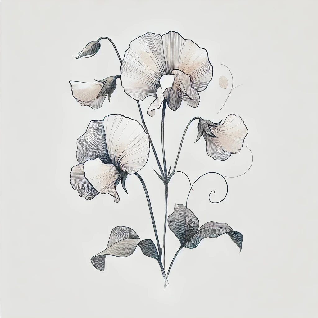 Minimalist illustration of a sweet pea flower with soft watercolor accents and delicate outline details on a white background