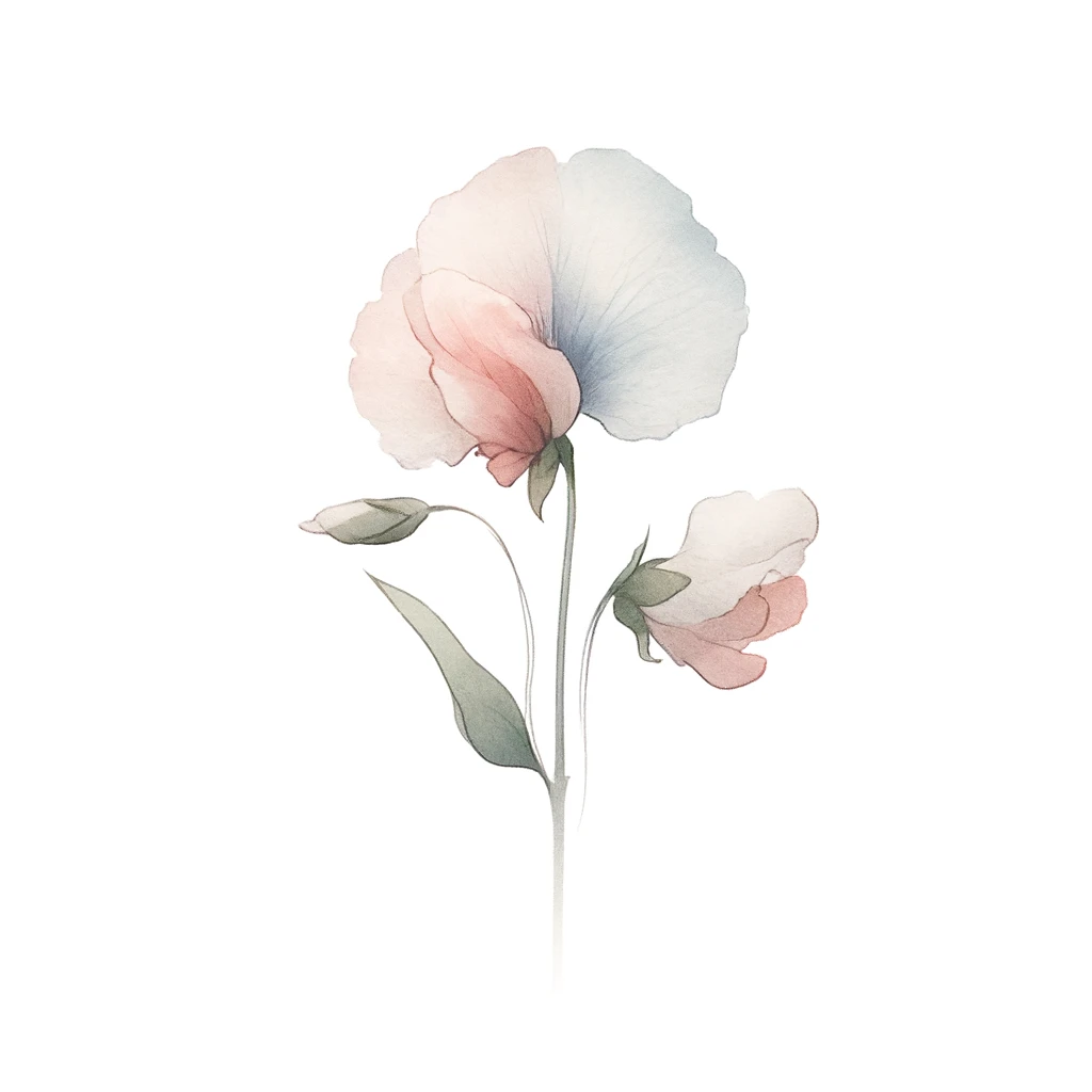 Artistic design of sweet pea flowers with intricate outlines and subtle watercolor textures, highlighting their natural elegance