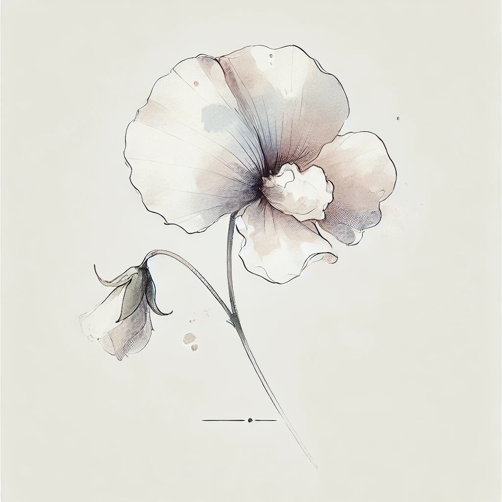 Refined floral illustration of a sweet pea flower in a minimalist style, combining soft watercolor shades and delicate linework