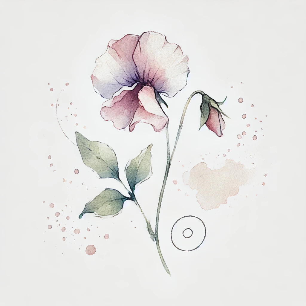Detailed sweet pea flower illustration with a focus on fine outlines and abstract watercolor accents, perfect for April Birth Flower Tattoo ideas