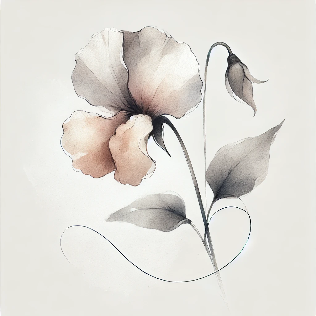 Minimalist sweet pea flower design with flowing outlines and subtle watercolor gradients, set against a pure white background.