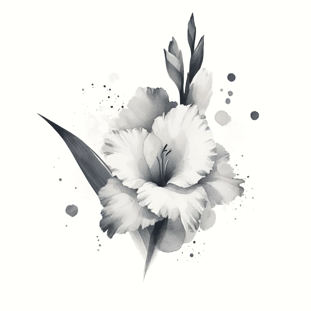 Grayscale illustration of a Gladiolus flower with abstract watercolor textures and delicate outline details, showcasing artistic elegance.