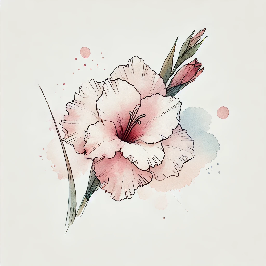 Delicate depiction of a Gladiolus flower with pastel watercolor tones and fine line accents, perfect for August Birth Flower Tattoo ideas Gladiolus.