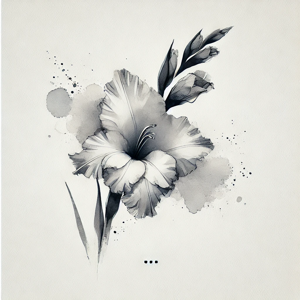 Artistic grayscale representation of a Gladiolus flower, blending soft watercolor shading and elegant outlines for a refined design.