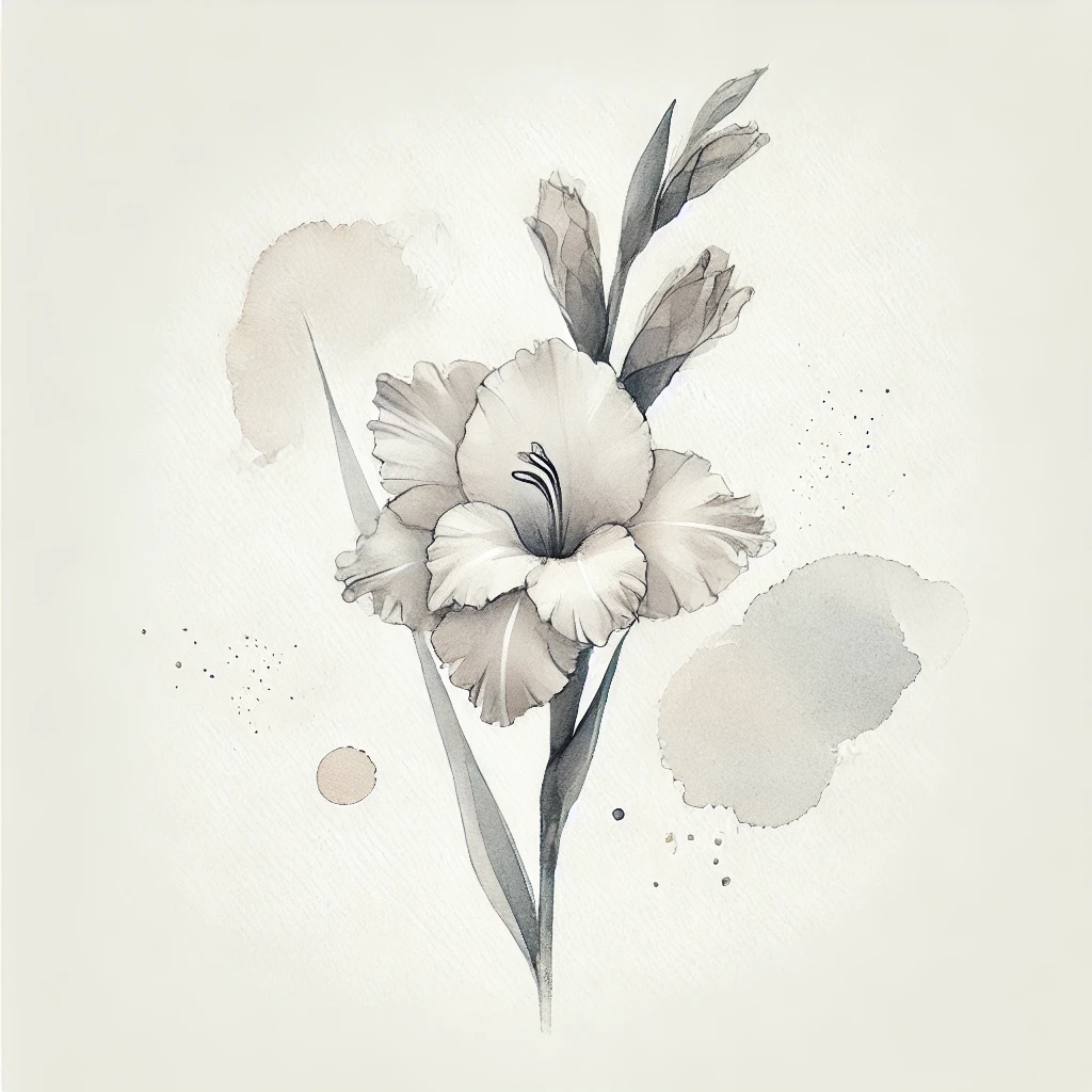 Minimalist illustration of a Gladiolus flower with subtle pastel watercolor splashes and delicate linework, a unique concept for August Birth Flower Tattoo ideas Gladiolus.