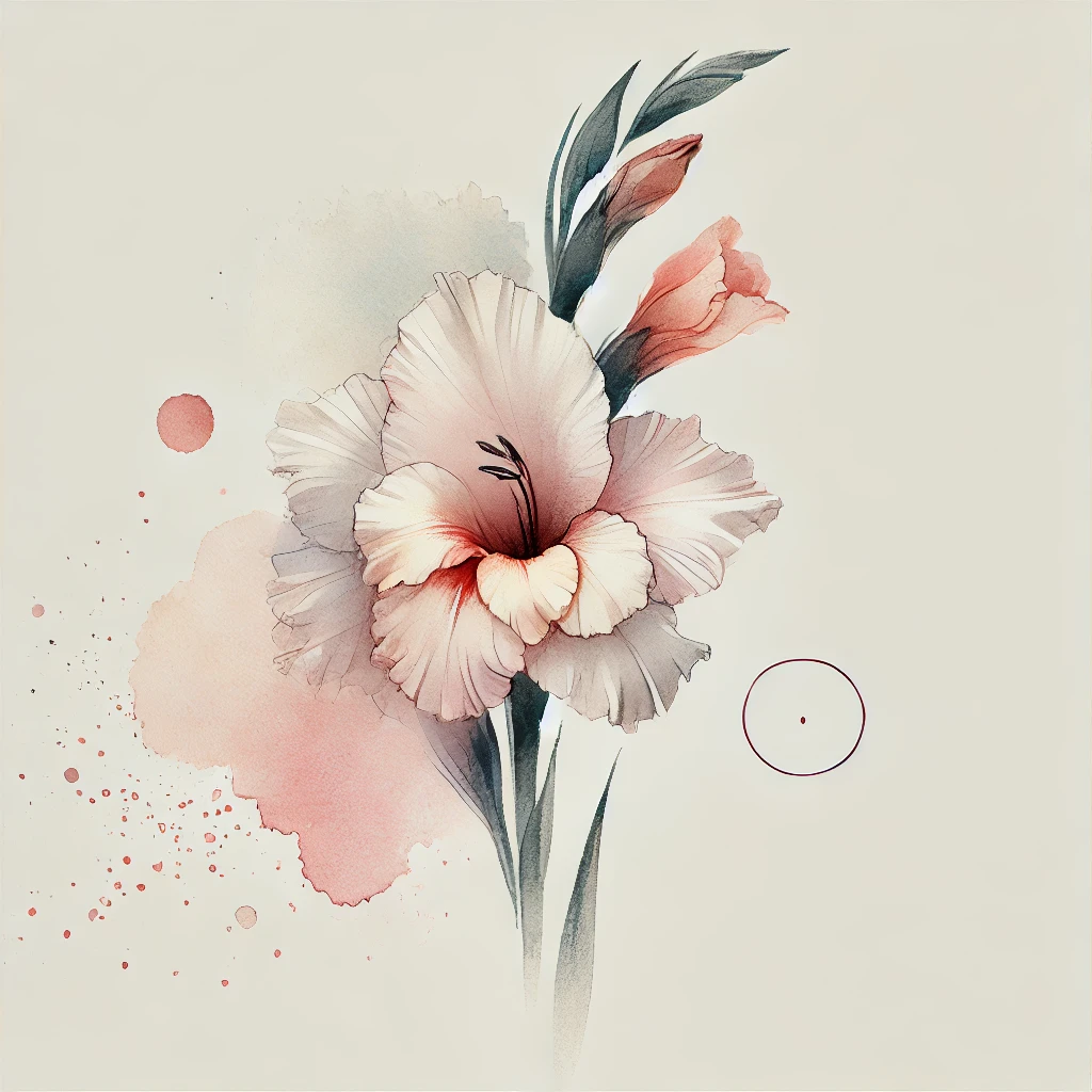 Elegant Gladiolus flower design with fluid pastel watercolor tones and intricate outline details, highlighting its natural beauty