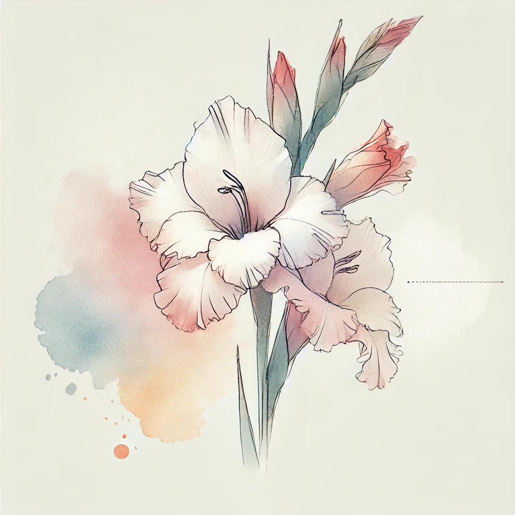 Abstract Gladiolus flower illustration with vibrant watercolor textures and soft outlines, perfect for modern floral tattoo inspiration