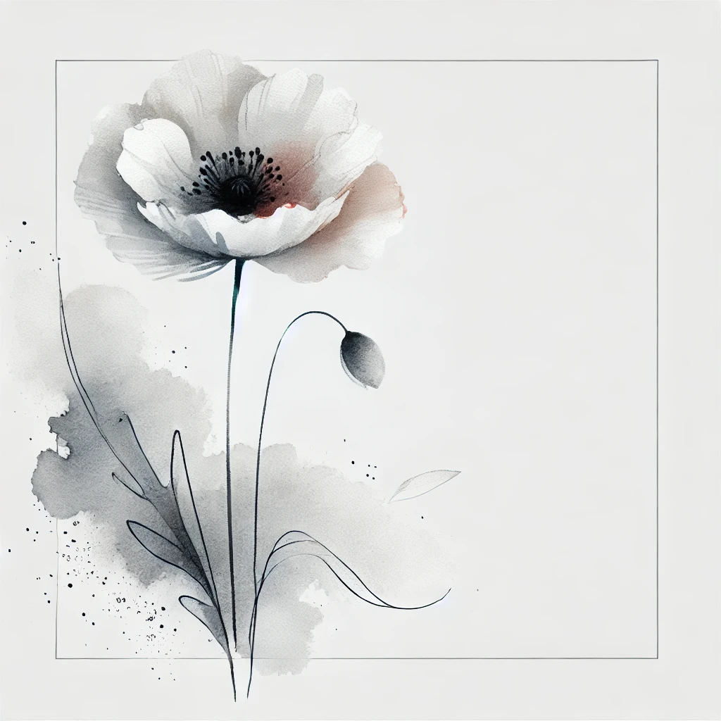 Grayscale illustration of a Poppy flower with abstract watercolor textures and delicate outline details, highlighting artistic simplicity