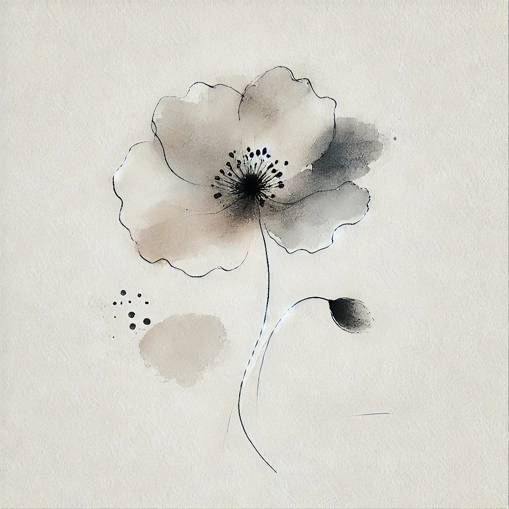 Minimalist design of a Poppy flower in neutral tones, blending soft watercolor blotches and fine line accents, perfect for August Birth Flower Tattoo Poppy ideas.