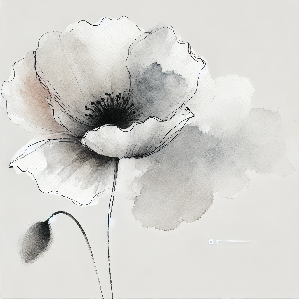 Refined grayscale illustration of a Poppy flower with soft watercolor shading and minimalist outlines, ideal for floral tattoo inspiration