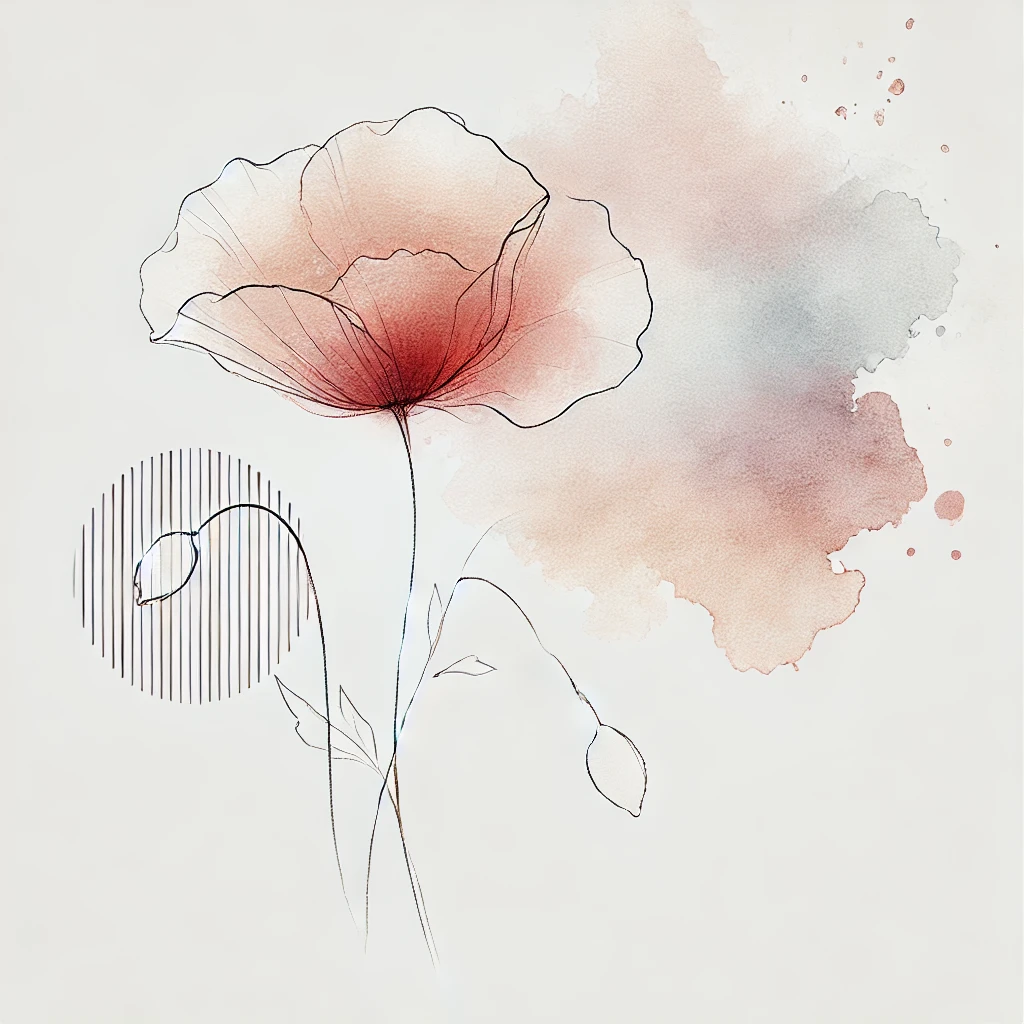 Elegant depiction of a Poppy flower with pastel watercolor splashes and subtle outlines, showcasing a modern floral design