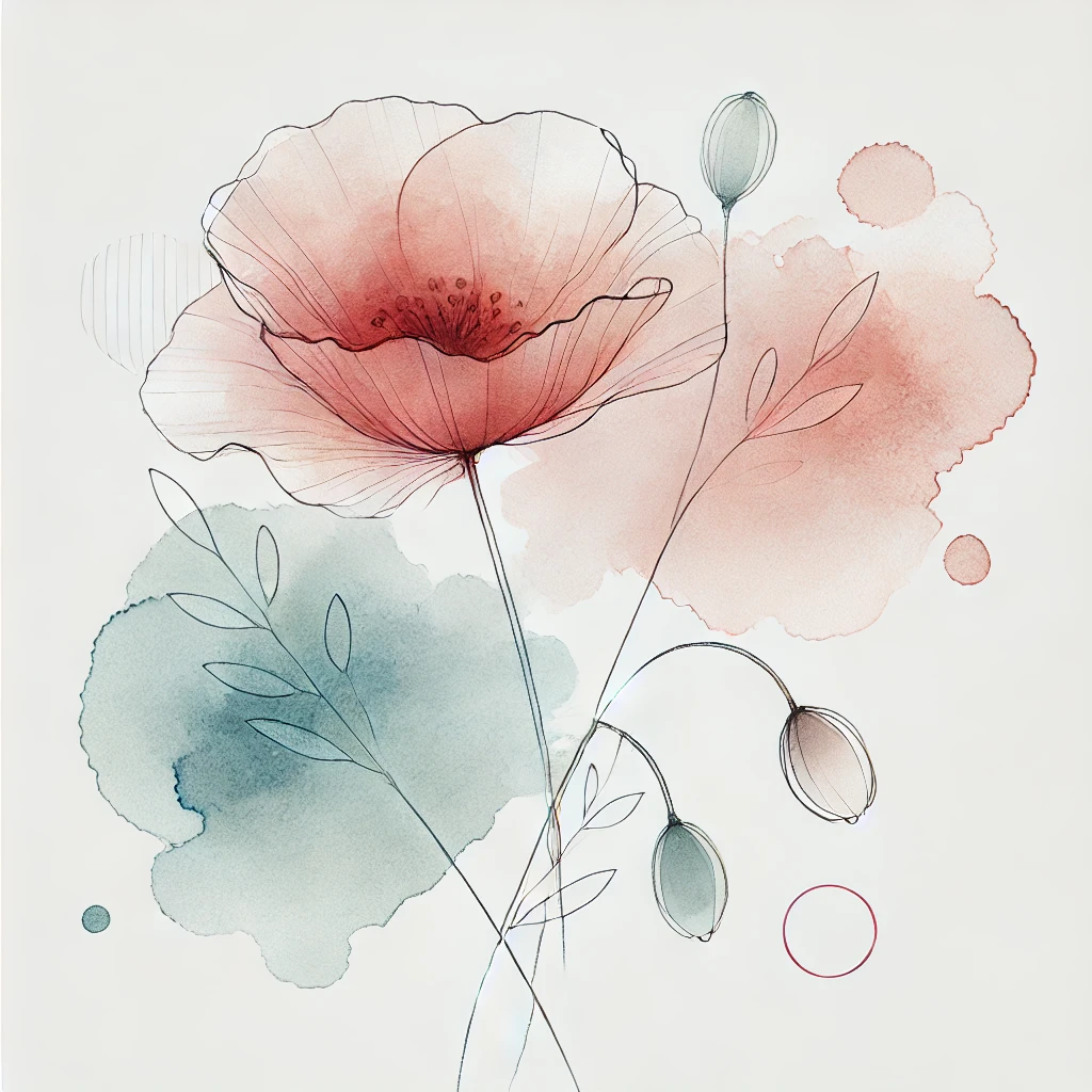 Artistic illustration of a Poppy flower with vibrant watercolor tones and intricate line details, an inspiring concept for August Birth Flower Tattoo Poppy ideas.