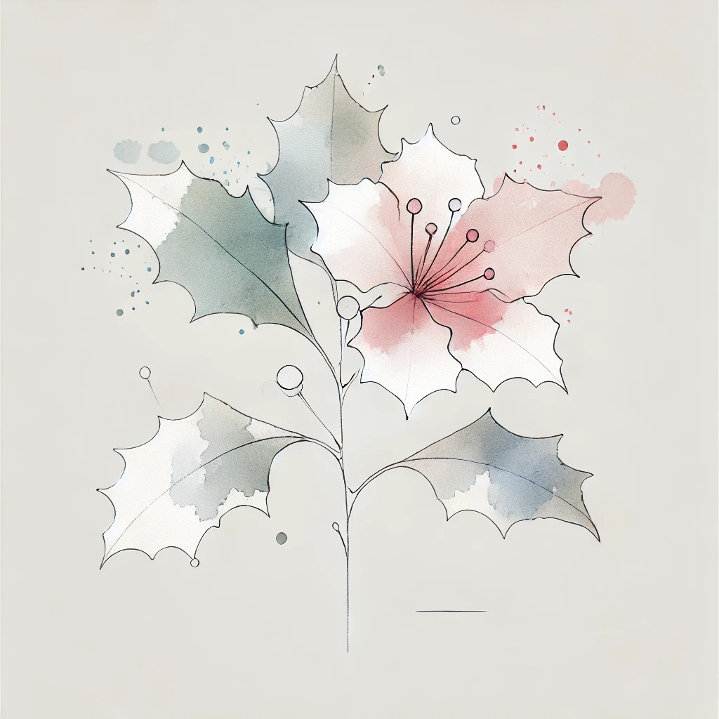 Elegant depiction of a Holly flower with abstract watercolor textures in soft hues and refined outlines, ideal for December Birth Flower Tattoo Holly ideas.