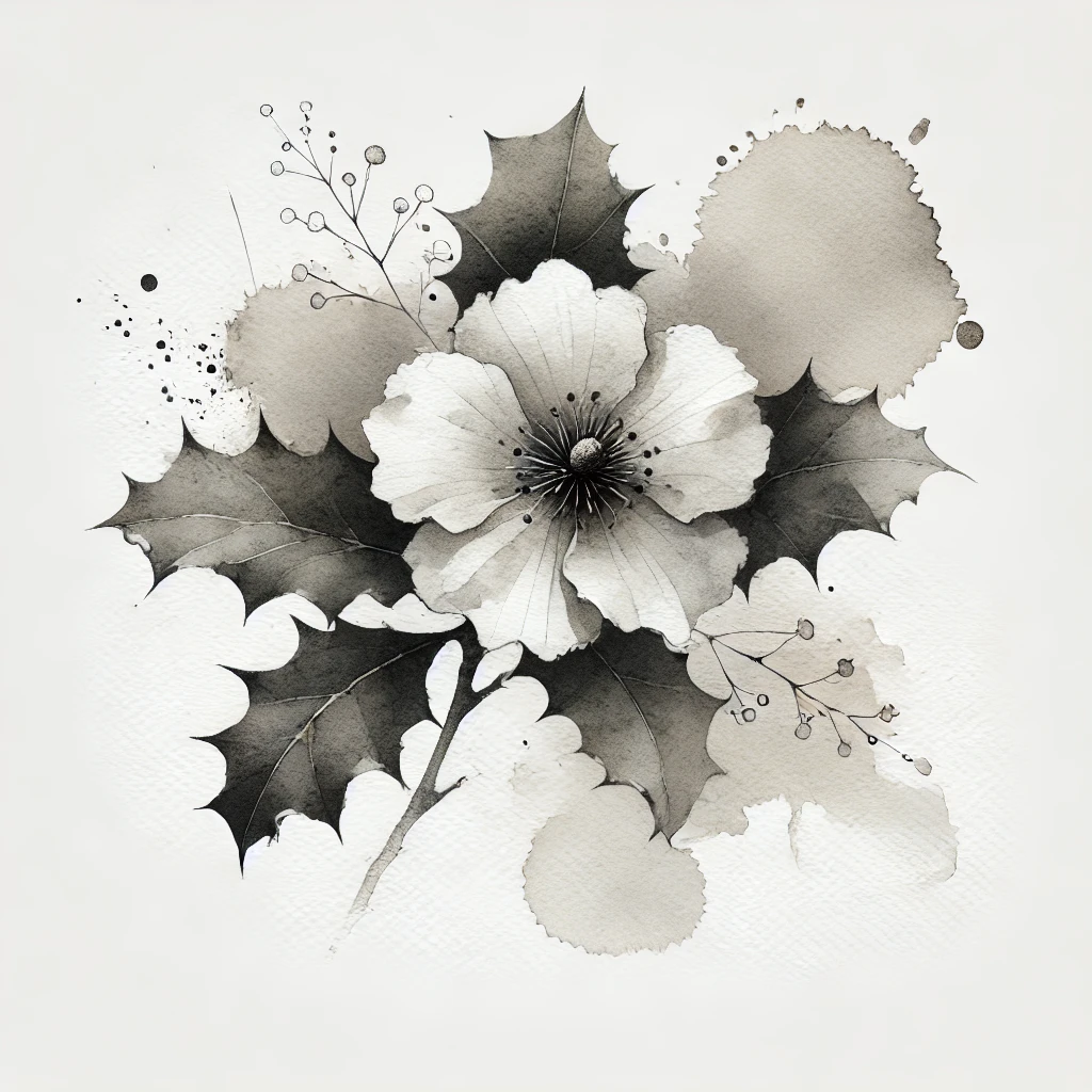 Detailed grayscale artwork of a Holly flower with soft textures and refined linework, highlighting its natural beaut