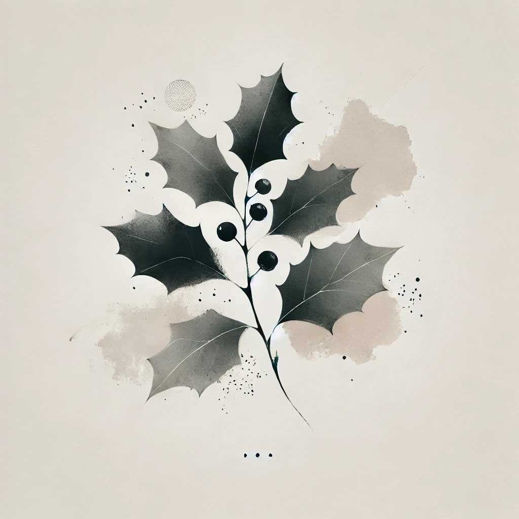 Modern grayscale illustration of a Holly flower with abstract watercolor elements, a perfect choice for Birth Flower Tattoo Holly ideas.
