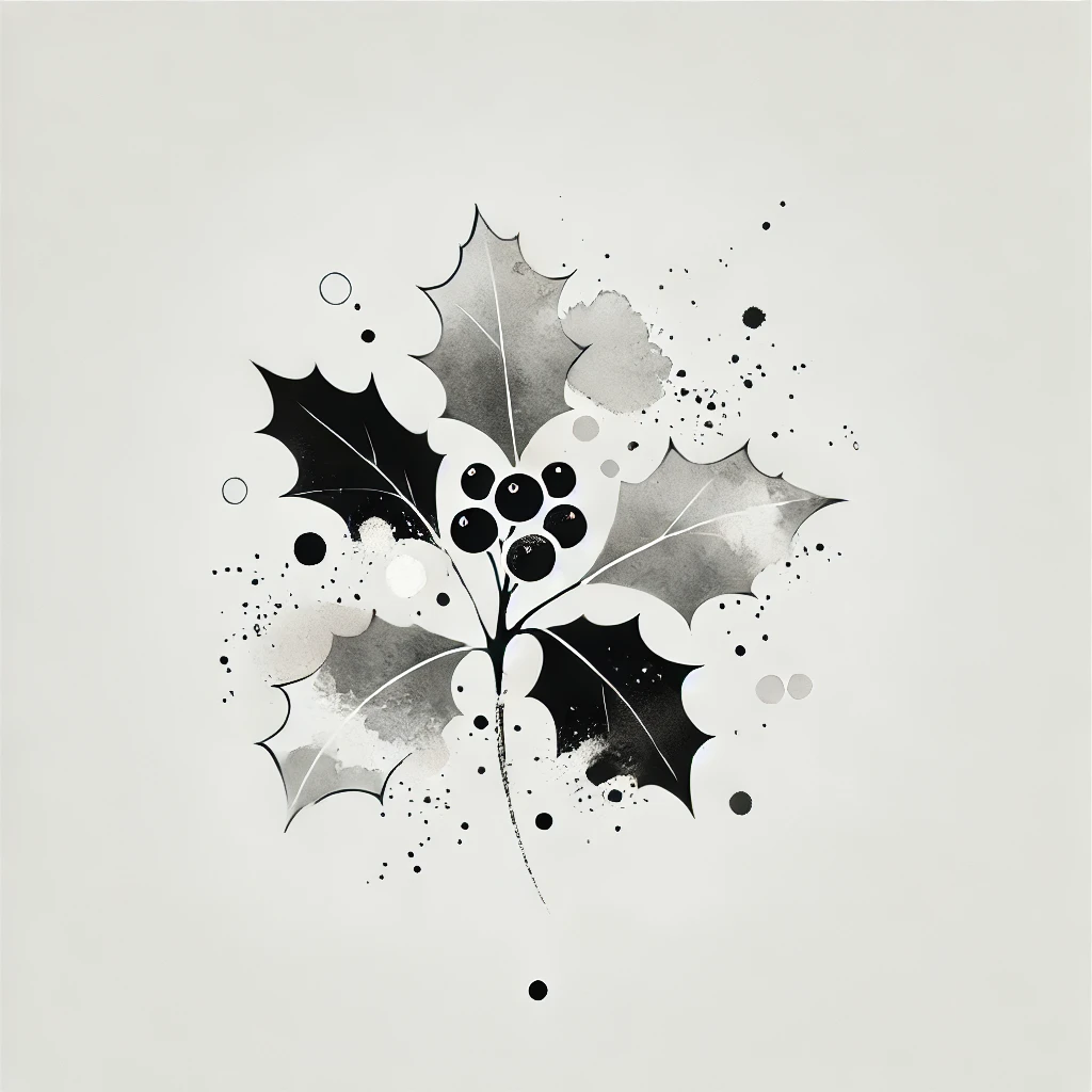 Stylized depiction of a Holly flower in grayscale with minimalistic watercolor details, suitable for elegant floral compositions