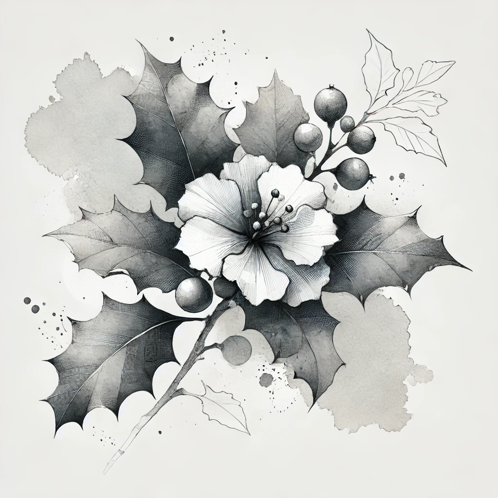 Intricate grayscale Holly flower illustration with detailed textures and artistic touches, showcasing a timeless design.