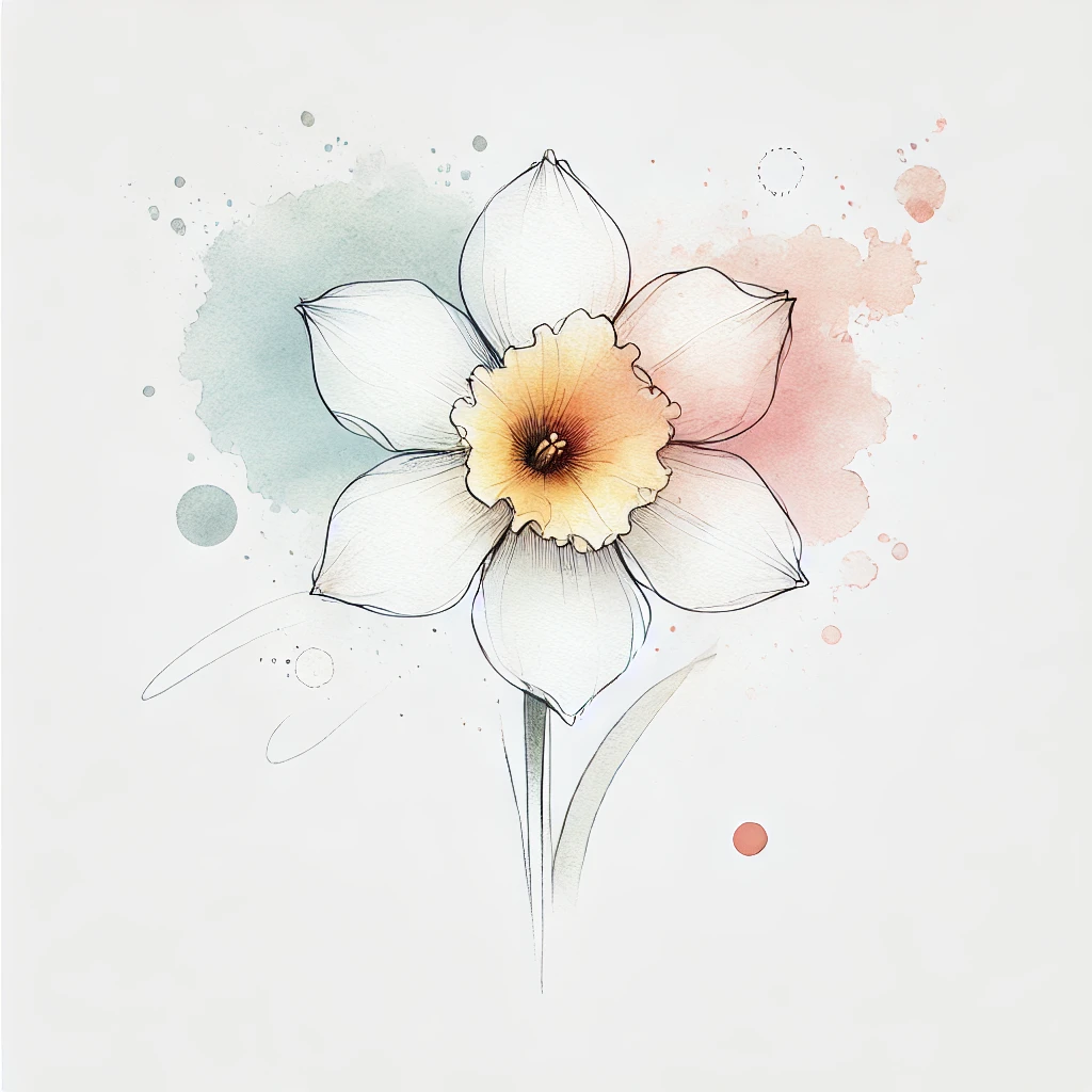 Artistic representation of a Narcissus flower in neutral tones, featuring soft watercolor blotches and intricate outline details, ideal for a December Birth Flower Tattoo Narcissus concept