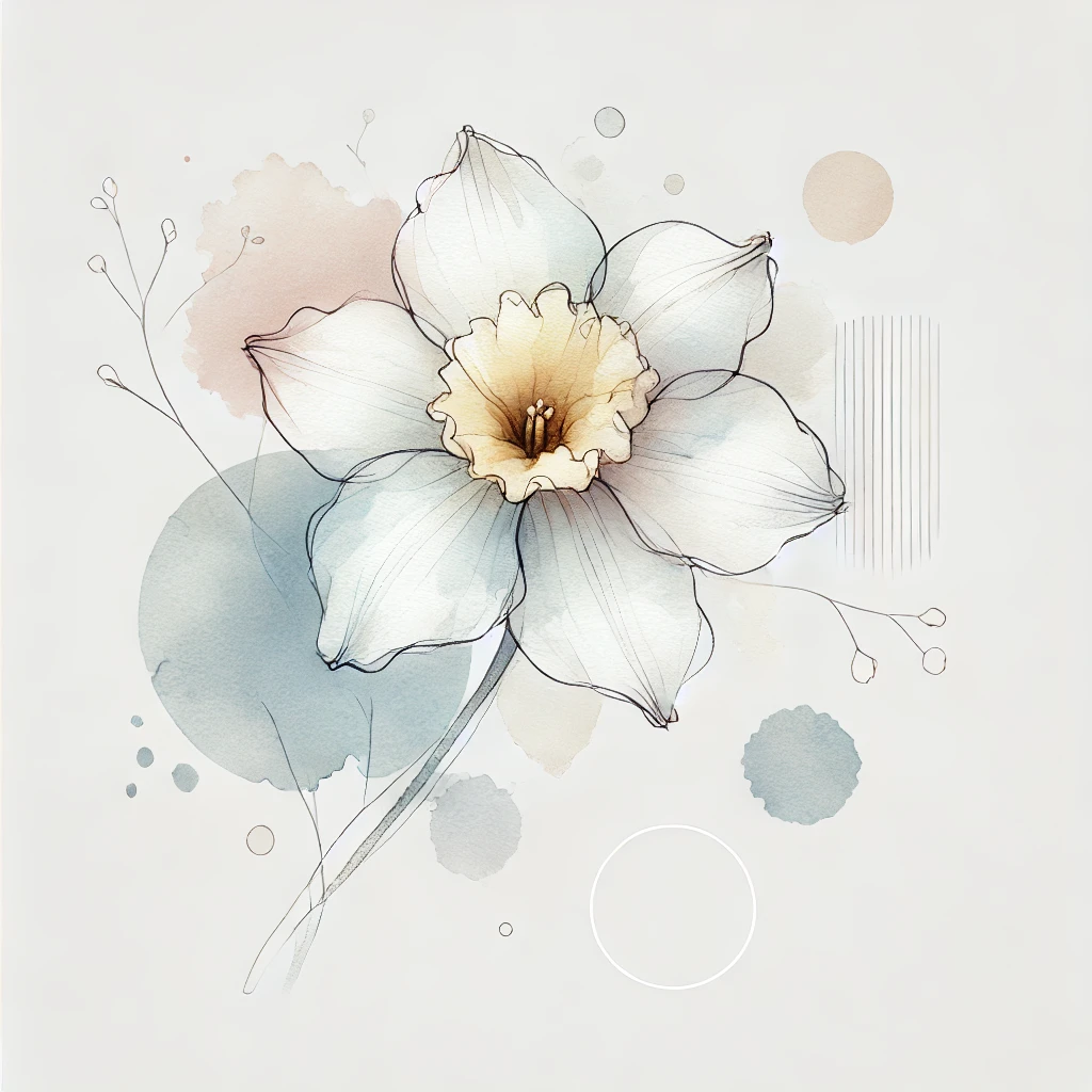 Modern Narcissus flower illustration with pastel watercolor textures and refined outlines, emphasizing minimalistic floral elegance