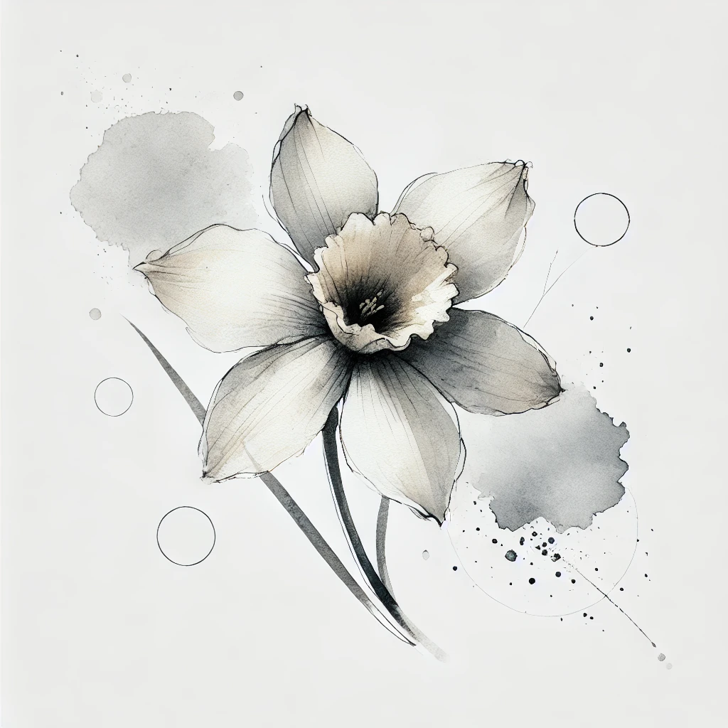 Elegant Narcissus flower design in grayscale with abstract watercolor shading and clean outline work, highlighting its natural beauty