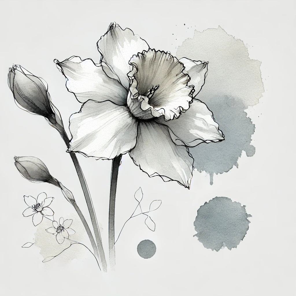 Grayscale illustration of a Narcissus flower with soft watercolor textures and delicate outline details, showcasing artistic simplicity and elegance