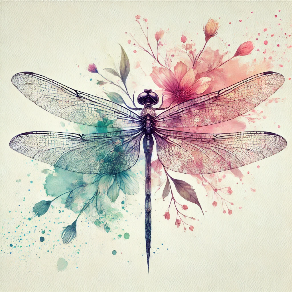 Detailed watercolor illustration of a dragonfly with its wings with symmetrical flowers,