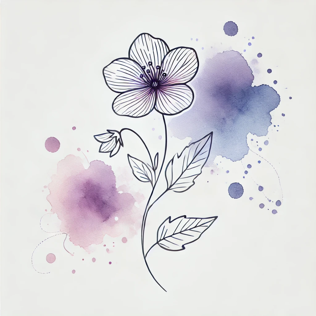 Elegant illustration of a violet flower in outline style with diffused watercolor accents, perfect for those seeking inspiration for a February Birth Flower Tattoo.