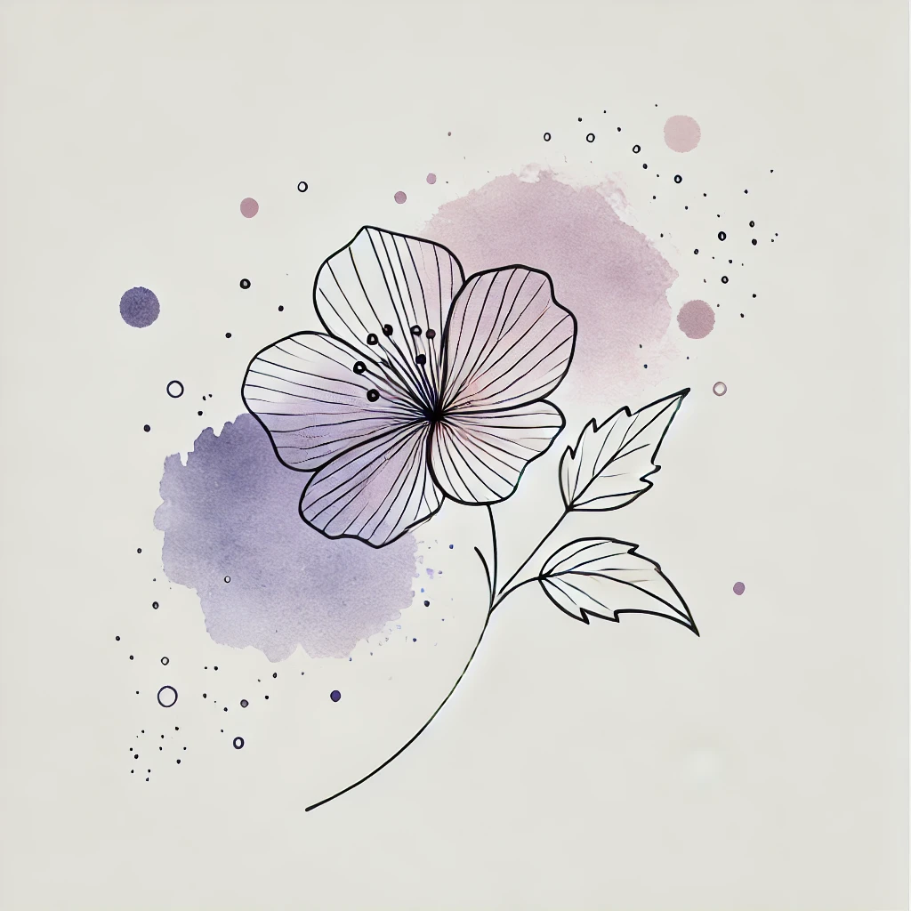 Outline design of a violet flower complemented by abstract watercolor blotches in soft purple hues, highlighting the beauty of February's birth flower.