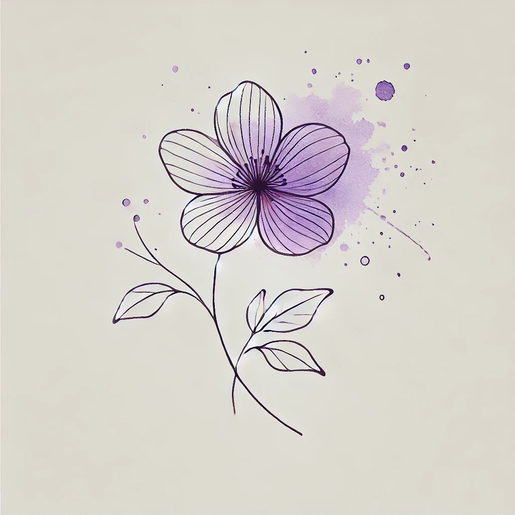 Line art illustration of a violet flower with soft purple watercolor splashes, blending minimalism with artistic flair, suitable for unique floral tattoo designs