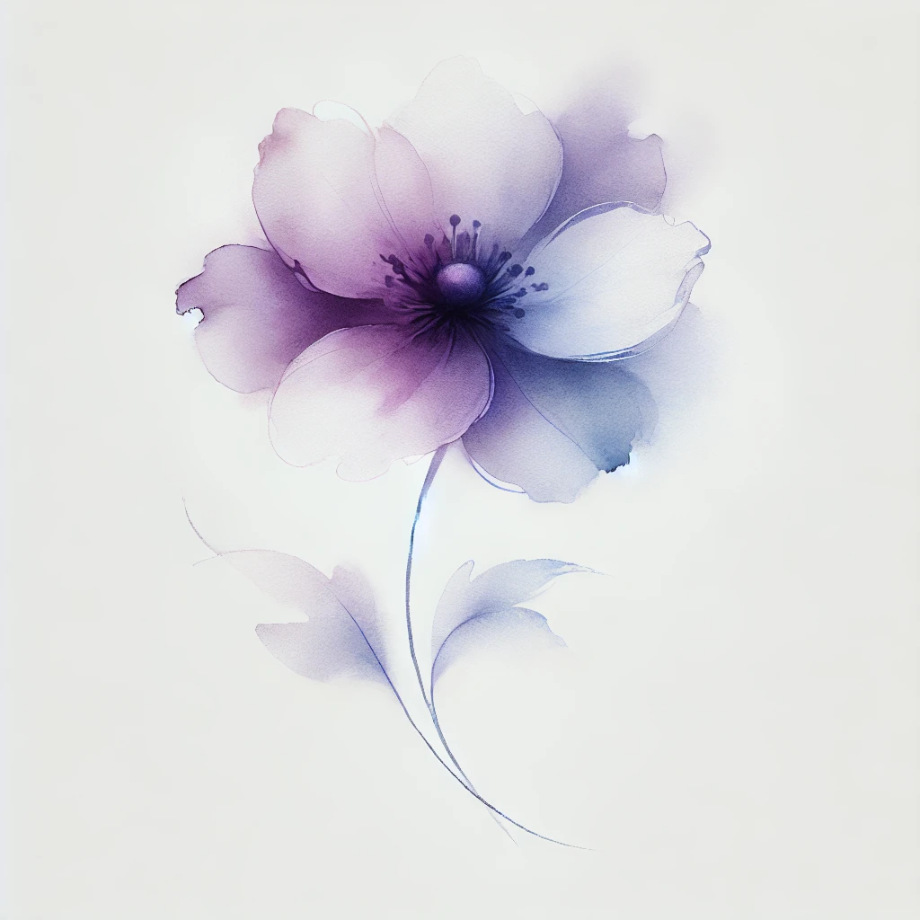 Minimalist watercolor design of a violet flower with diffused colors in pastel shades, emphasizing elegance and simplicity, perfect for floral tattoo ideas.