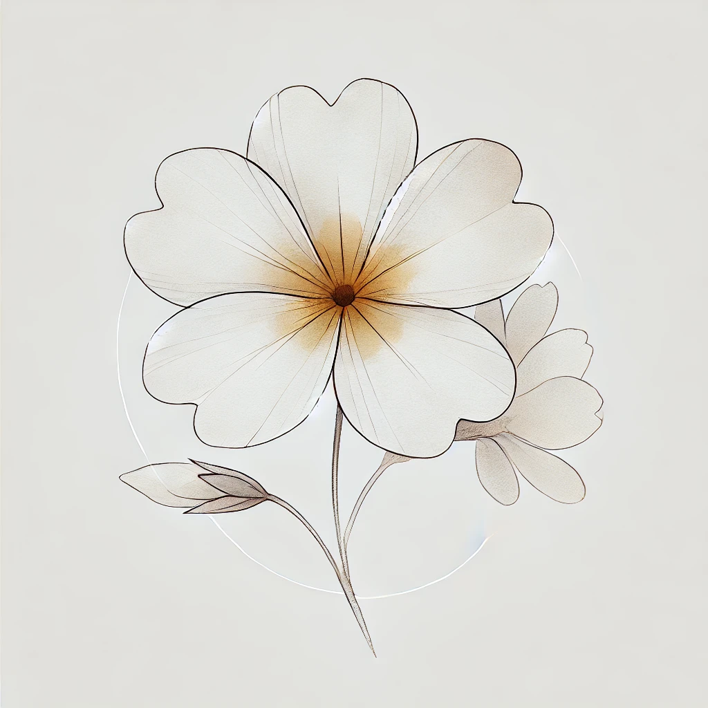 "Primrose flower illustration with neutral tones, combining watercolor and fine outline details for an elegant and modern aesthetic