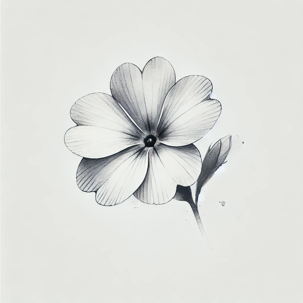 Grayscale minimalist illustration of a primrose flower with subtle watercolor gradients and intricate details, ideal for refined tattoo concepts