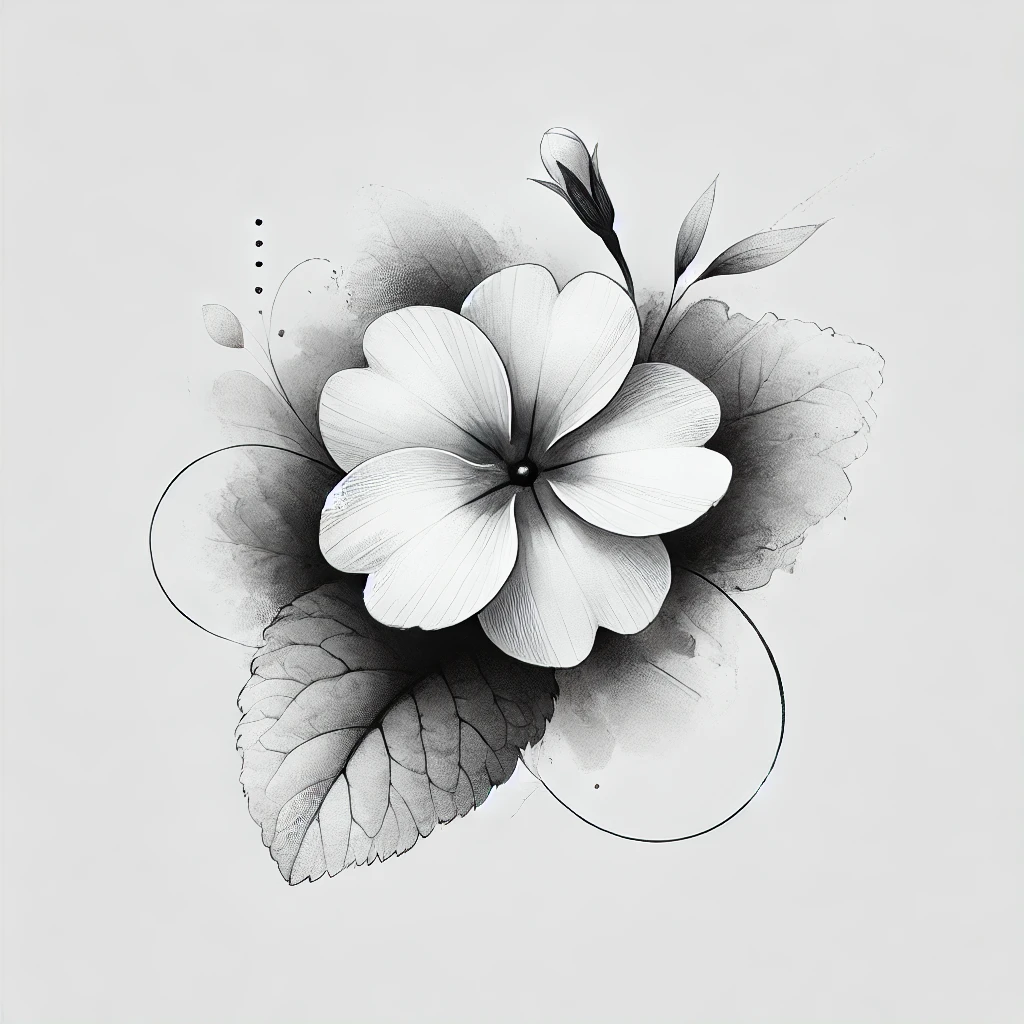 Detailed black-and-white watercolor illustration of a primrose flower with artistic shading, an inspiring February Birth Flower Tattoo idea