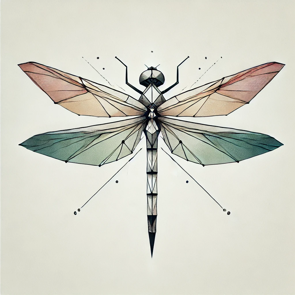 Dragonfly illustration combining precise geometric lines and delicate watercolor elements in soft pastel shades, set on a clean white background