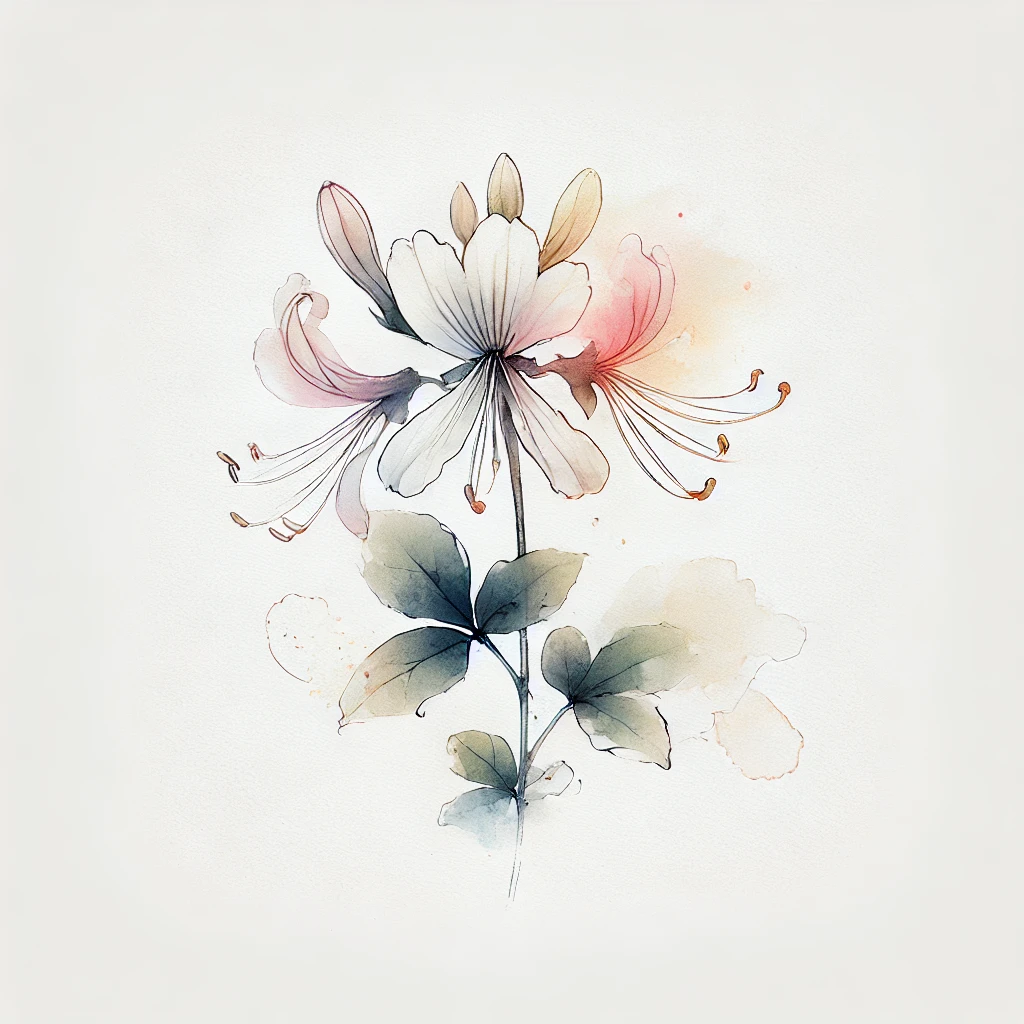 Artistic illustration of a honeysuckle flower with pastel watercolor tones and delicate outline details, emphasizing elegance and simplicity.