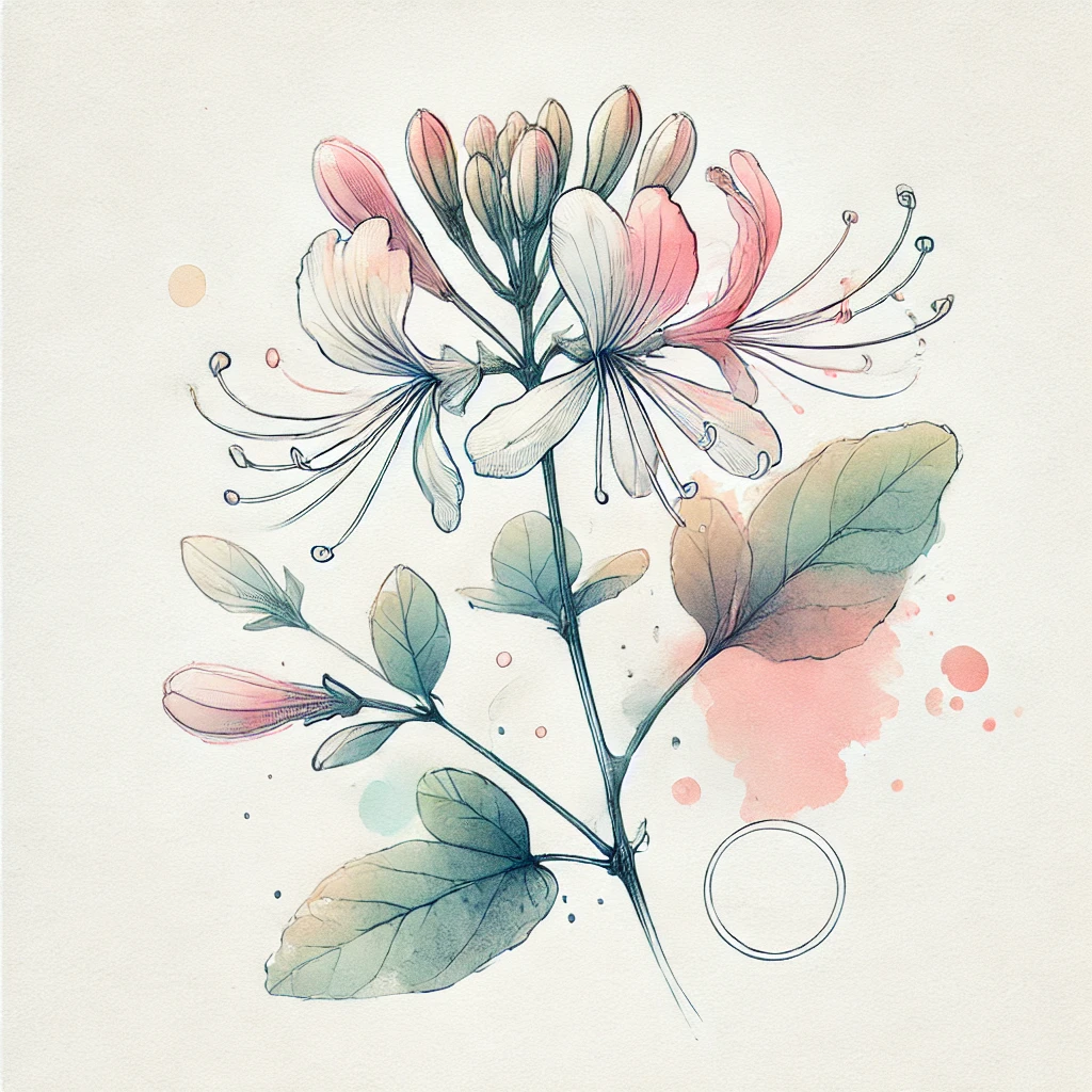 Delicate depiction of a honeysuckle flower featuring abstract watercolor splashes and fine line accents, perfect for honeysuckle tattoo ideas.