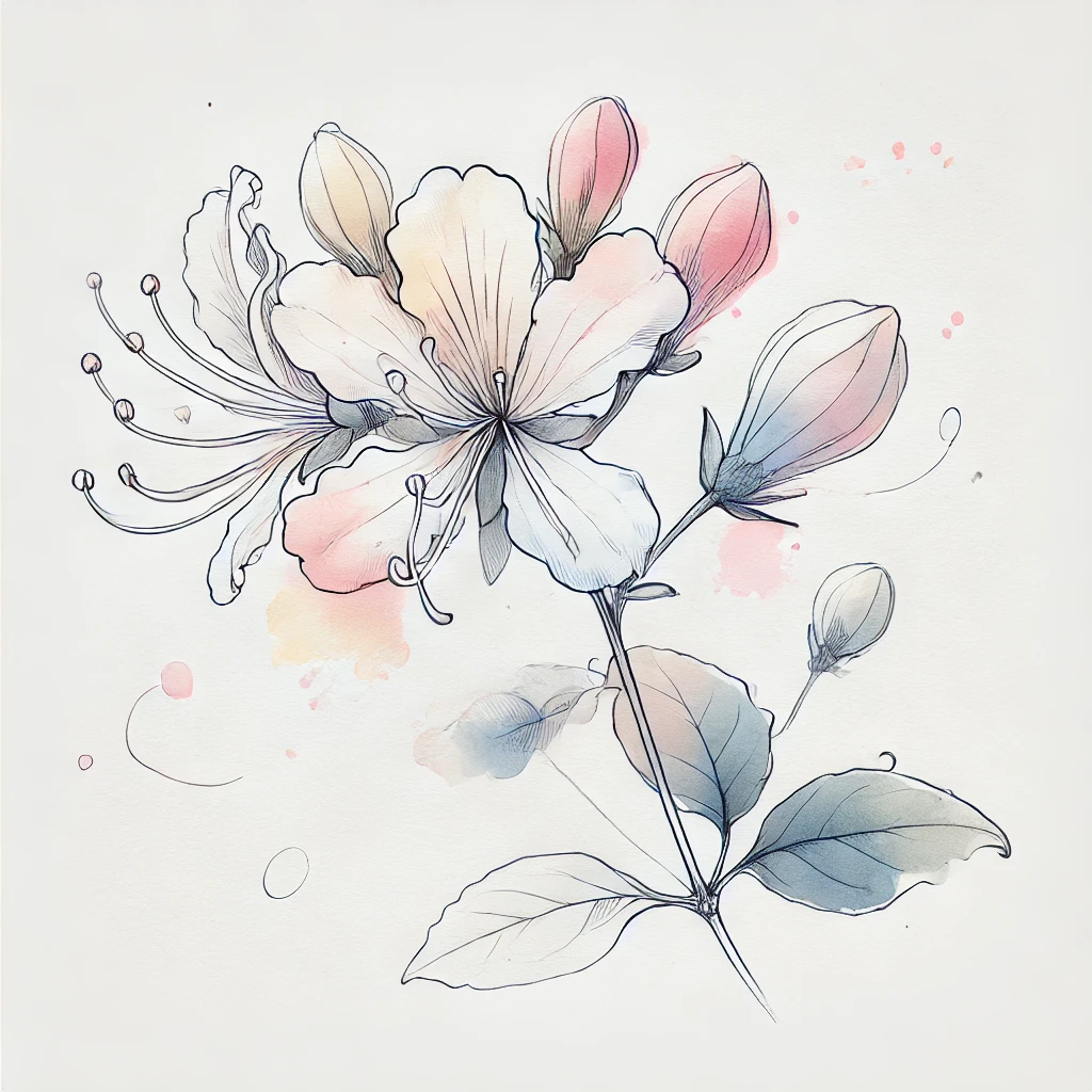 Minimalist honeysuckle flower design with soft watercolor tones and graceful outlines, highlighting its natural beauty