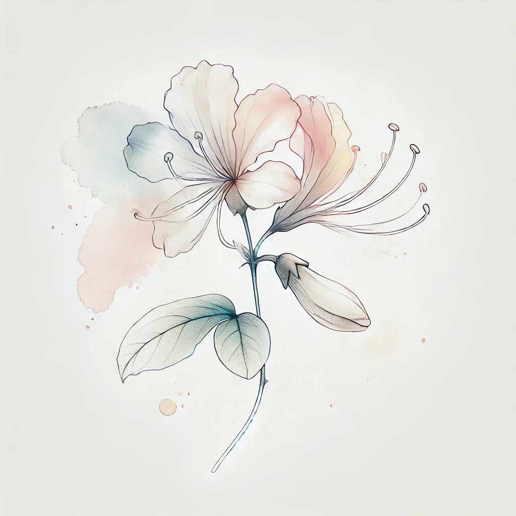 Grayscale illustration of a honeysuckle flower with diffused watercolor shading and elegant outline details, a refined choice for honeysuckle tattoo ideas.