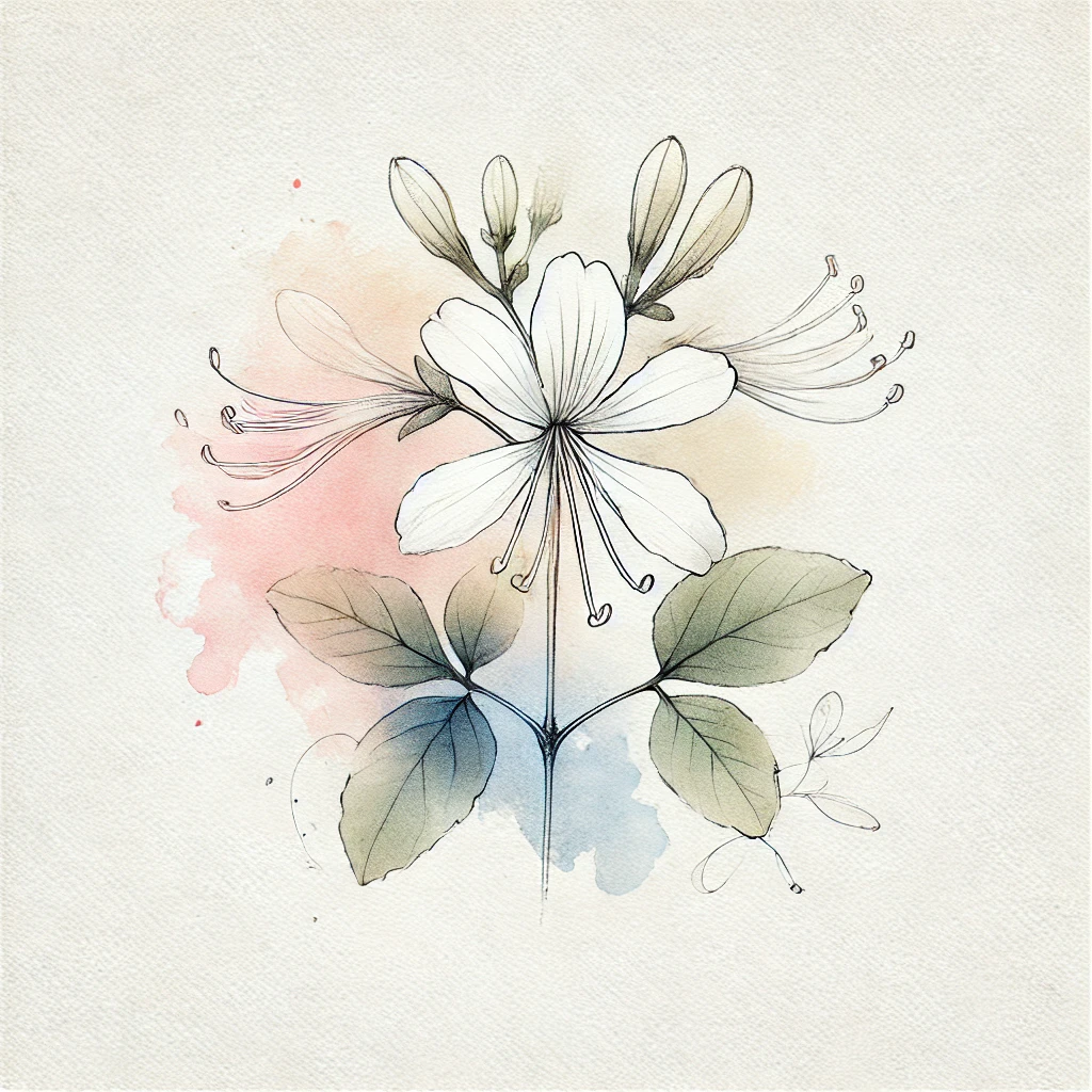 Minimalist honeysuckle flower illustration with pastel watercolor blotches and delicate outline accents, showcasing artistic elegance.