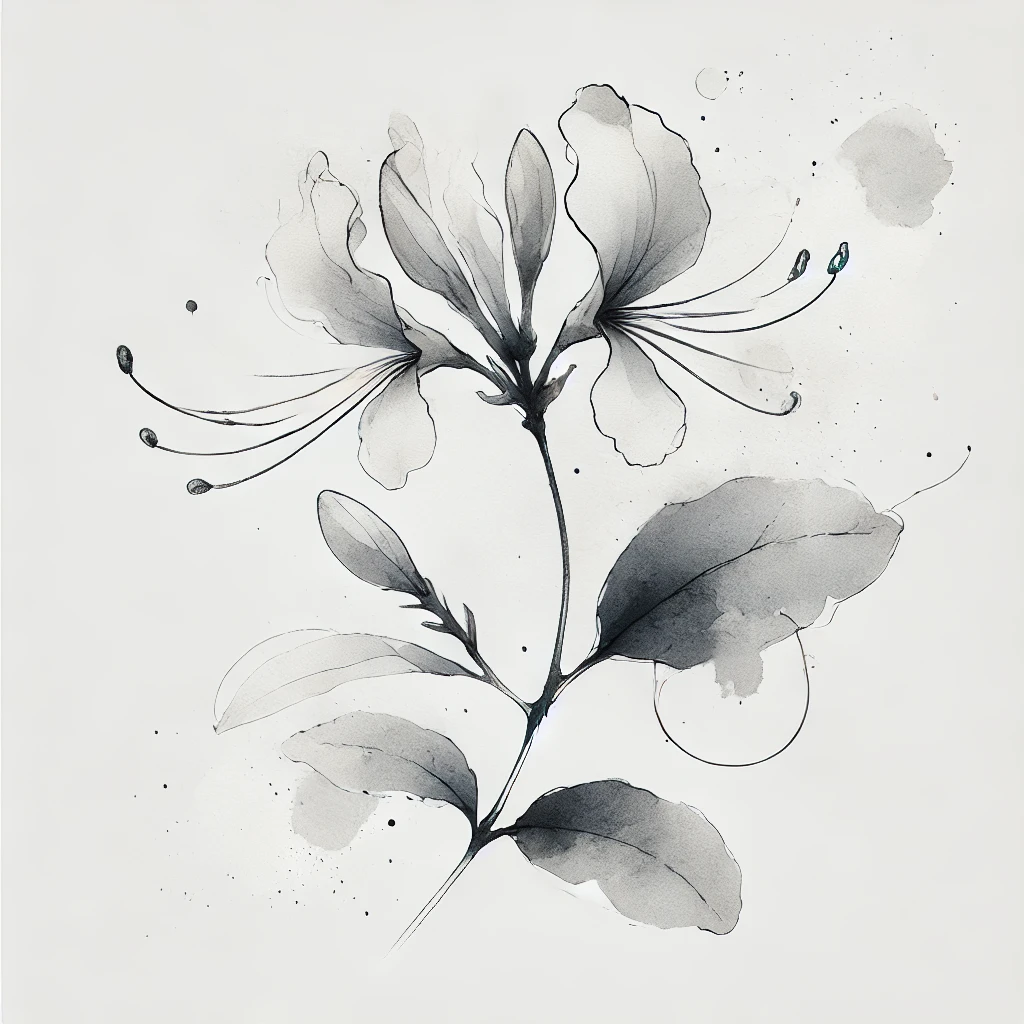 Abstract watercolor design of a honeysuckle flower with soft gradients and subtle outline strokes, set against a white background.