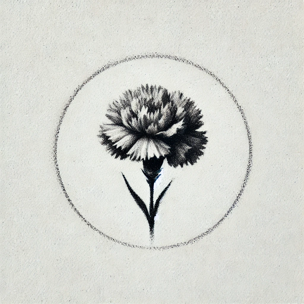 Black and white carnation with a minimalist focus, enclosed in a circular frame