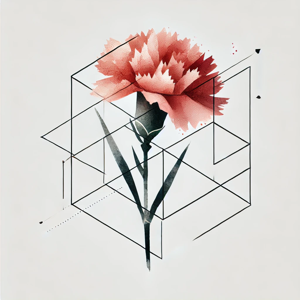 Carnation in geometric and watercolor style, combining modernity with floral details.
