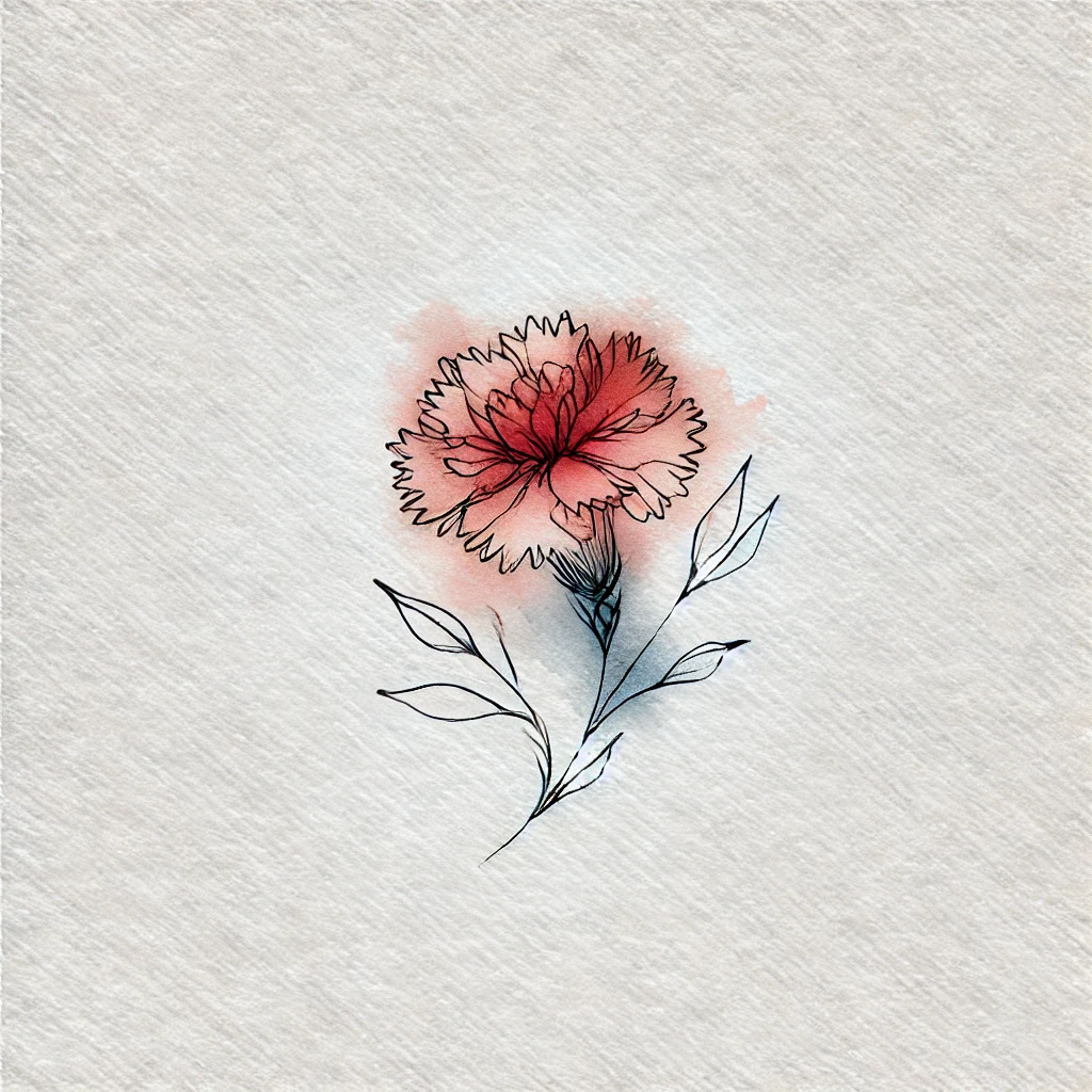 Drawing of a carnation with watercolor touches and minimalist outline lines.