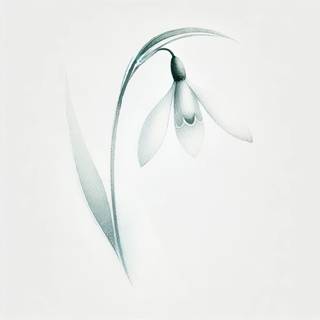 Minimalist watercolor illustration of a Galanthus (snowdrop) flower with soft tones and delicate shapes