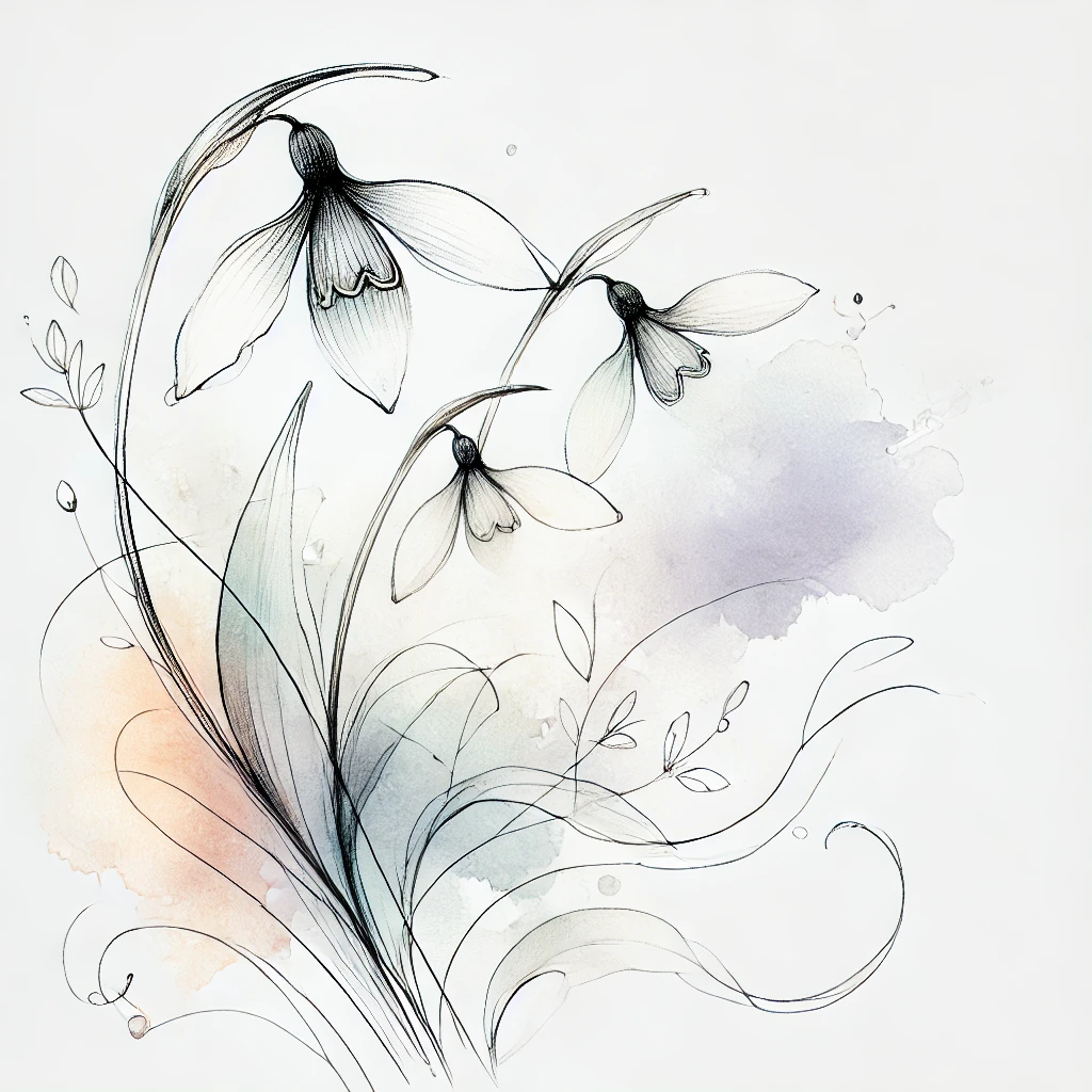 Abstract watercolor design of Galanthus flowers with hand-drawn delicate lines and fluid patterns